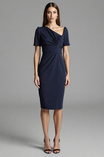 Navy Asymmetrical Ruched Midi Dress